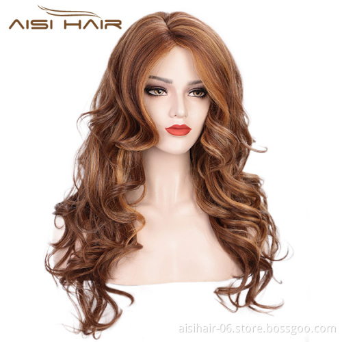 Aisi Hair Dark Brown Mixed White Color Synthetic Long Curly Wave Wigs Heat Resistant Fiber Fashion Cosplay Wigs for Women